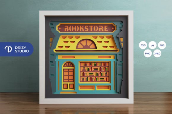 Bookstore 3D Shadow Box - Books 3D Light SVG for Brand Design